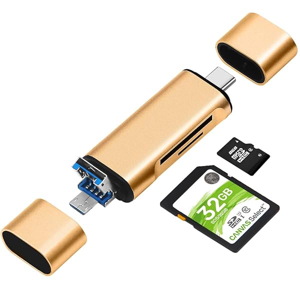 メモリカードリーダー USB/Type-C/Micro 3in1 microSD/USBマルチカードリーダー 超高速データ転送 カード両対応-ゴールデン