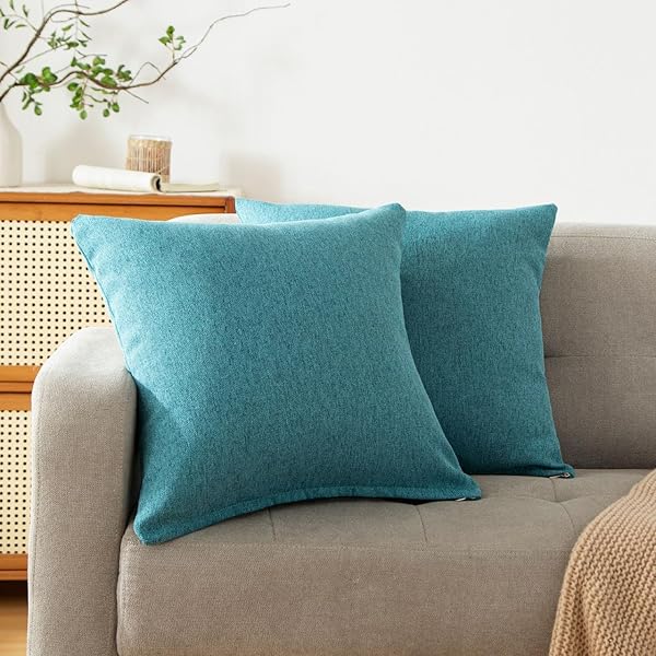 クッションカバー 45 45 2枚セット 北欧 おしゃれ 綿麻テクスチャー リネン風 ピーチスキン ソフトタッチ ソファ背当て 装飾枕カバー ターコイズブルー