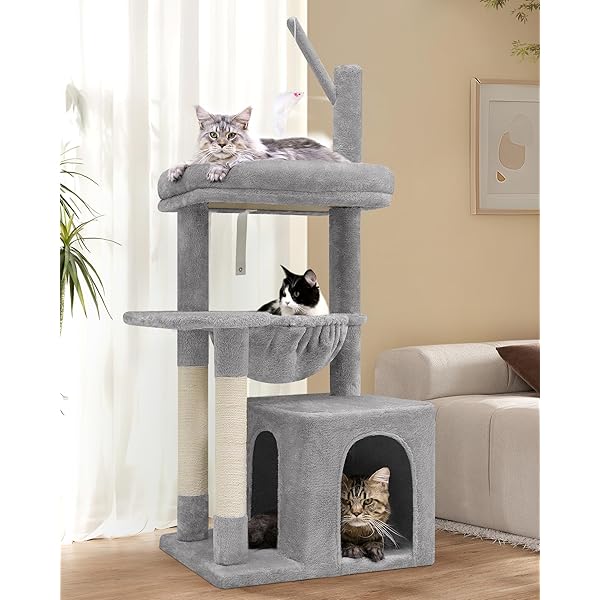 F46A キャットタワー 低め 据え置き 猫タワー 多機能 転倒防止 簡単組立 見おろし展望台 ハンモック おもちゃ 爪とぎポール 爪研ぎ 天然麻紐 小さめ コンパクト 転倒防止ベルト付き ミニ 省スペース 頑丈安全 運動不足解消 おしゃれ 高さ11