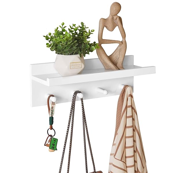 壁棚 ウォールシェルフ 木製 飾り棚 壁掛けフック 40x14x14cm コート掛け 帽子ハンガー スリム カバン掛け 鍵置き 玄関 リビング 寝室 ホワイト YD-WS0240W