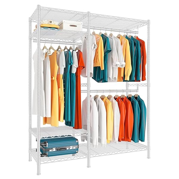 ワードローブ ハンガーラック コートハンガー 衣類収納 省スペース コート掛け 棚板高さ調節 大容量 棚付き おしゃれ (ホワイト, 194*114*42cm)