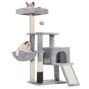 キャットタワー 子猫とシニア猫に最適 超スリム 据え置き型 省スペース 登りやすい ハンモック 天然麻ロープを使用した爪研ぎボード 高さ108cm ライトグレー HCT005SW