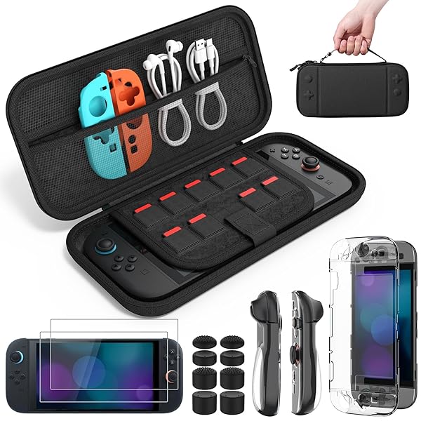 Switch2 ケース スイッチ2 カバー Switch2専用保護アクセサリーセット 収納バッグ 分離式クリアケース ガラスフィルム2枚 スティックキャップ8枚 ゲームカード収納 全面保護 高耐久性 摩耗防止 耐衝撃 保護用品セット Black