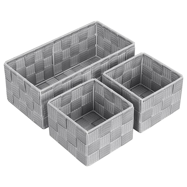 収納バスケット 多用途カゴ 小物入れ 手編み 3個セット 持ち手付き 洗えるバスケット 生活用品 おもち..