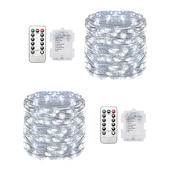 クリアヒル フェアリーライト 2パック、20mのホワイト 100LED きらめくストリングライト、リモコン付き、8つのモード、タイマー＆調光機能付き、クリスマス、寝室、屋内外用