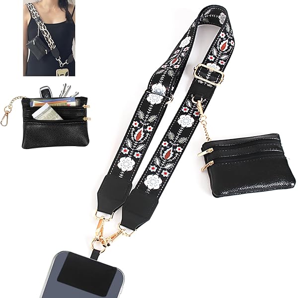 携帯ストラップとリストストラップ、クリップとゴー ウォレット付き携帯ストラップ、調節可能な携帯電話用クロスボディストラップ、調節可能なiPhoneストラップ、ファスナー付きポーチ付き携帯ストラップ、すべての携帯電話用のクロスボディストラップ、ブラック