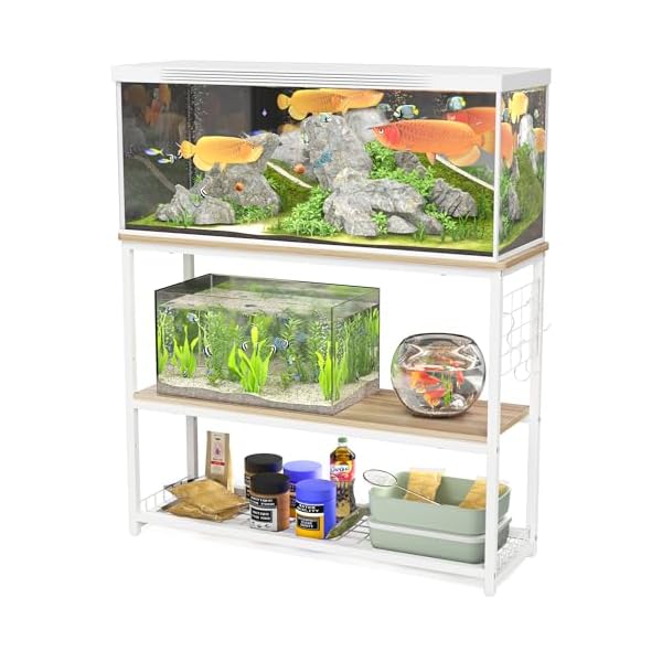 水槽台 90cm水槽用 水槽棚 水槽スタンド 90センチ水槽台 中棚板高さ調整可能 水槽設置台 組立式水槽台 水槽 台 90cm 水槽ラック ウッドデコスタンド 三段式 フック付き 総耐荷重約120kg 頑丈 シェルフ アジャスター付き 奥行き30c