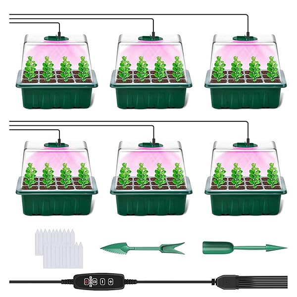 育苗ポット 育苗トレイ 6個セット 72穴 植物育成ライト付き 育苗箱 種まきポット トレー 高さ16cm 透明..