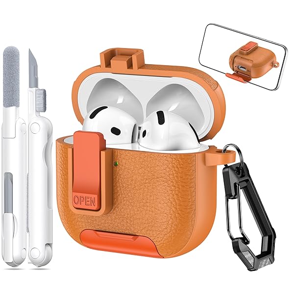 for AirPods 4th Generation ケース ロック機構付き レザー風TPU素材 防塵充電ポート 内蔵スタンド機能＆クリーニングキット付属 - オレンジ