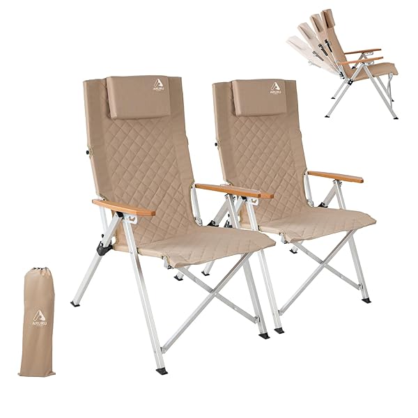 2セット キャンプ用リクライニングチェア、ヘッドレスト付き4段階傾斜ハイバック椅子、コンパクトに折りたたみ可能なアウトドアチェア、そして便利な収納袋付き (カーキ)