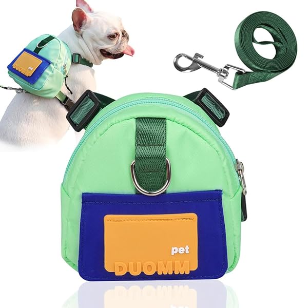 犬用リュック ハーネス リード セットペットバックパック 漫画 犬 猫 調節可能 通気性 可愛い 引っ張り防止 簡単着脱 散歩 アウトドア 旅行 小型/中型犬バッグ (グリーン, S)のサムネイル