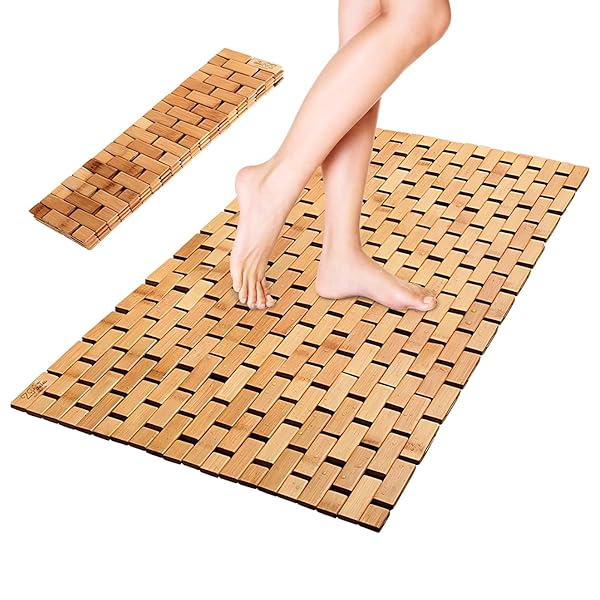 竹製バスマット浴室 ドアマット バスルームラグ フロア 木製 シャワー バスタブ 防水 滑り止め アクセ..
