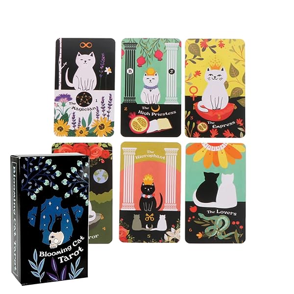 ブルーミングキャットタロット、12星座カード付き、猫タロットデッキ、猫好きへの贈り物、かわいいタロ..