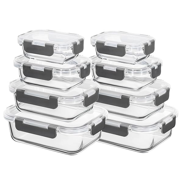 耐熱ガラス 保存容器 8個セット ガラス密閉容器 タッパー レンジ対応 作り置き オーブン 食洗機対応 お手入れ簡単 漏れ防止 積み重ね可能 BPAフリー 長方形