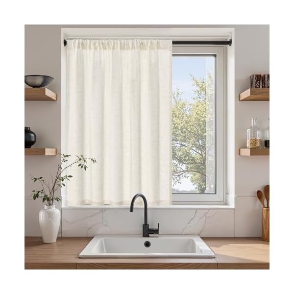 カフェカーテン レース 麻風 小窓用 45cm丈 生成り色 1枚 レースカーテン 透けない 外から見えにくい 目隠し 半遮光 断熱 UVカット 通気 洗える キッチン リビング トイレ 玄関