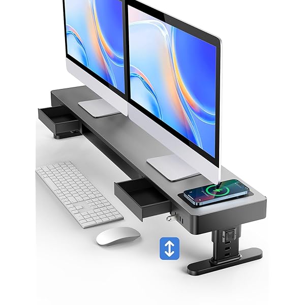 Adjustable Monitor Stand デュアル モニター台 4つの高さ調整可能 pc モニタースタンド 引き出し パソコン台 ディスプレイ台 USB...
