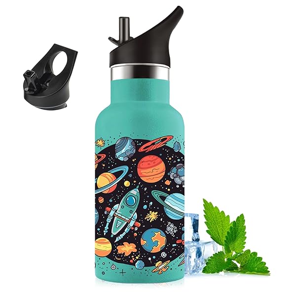 ストロー付き水筒 350ml 子供用 可愛いイラスト 二重構造 304ステンレス製 保温・保冷対応 漏れ防止 軽..