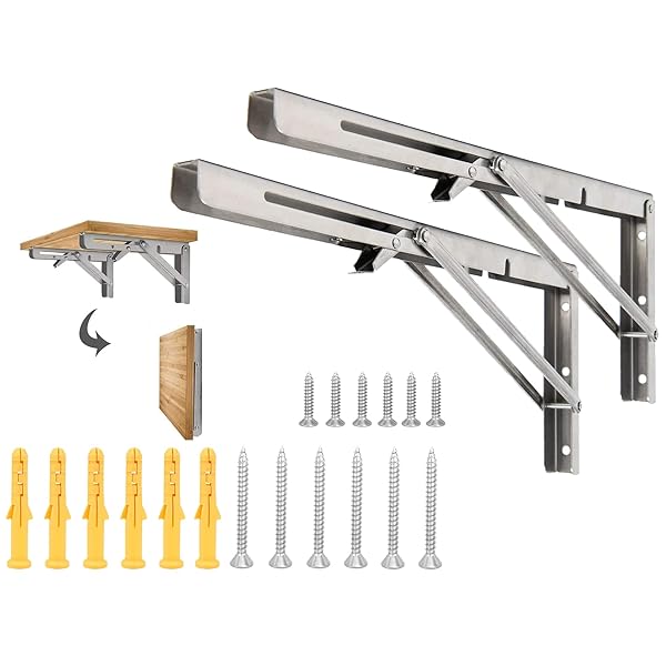 棚受け 金具 L字型 ステンレス 鋼折りたたみ 式 棚 受け 金具 折り畳み金具 ，省スペースのDIY折りたたみテーブル金具取付ねじ付き2本セット (20cm)