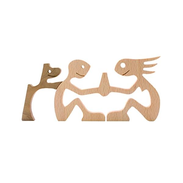 子犬 木製彫刻 ウッド装飾 手彫り 家族 木製の工芸品の彫刻 オーナメント 記念ギフト かわいい 卓上装飾品 置物 女性 男性 (犬と家族)
