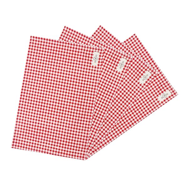 ランチョンマット 綿 麻 大きい 60x40cm チェック柄 布 食卓マット 4枚セット (レッド L)