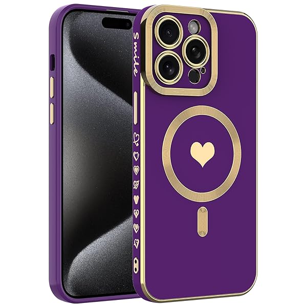 iPhone 13 Pro Maxに適したマグネットケース、豪華メッキがかわいいハート型ケースはMagsafeと互換性があり、カメラプロテクター付きの女性向け(iPhone 13 Pro Max,Purple)