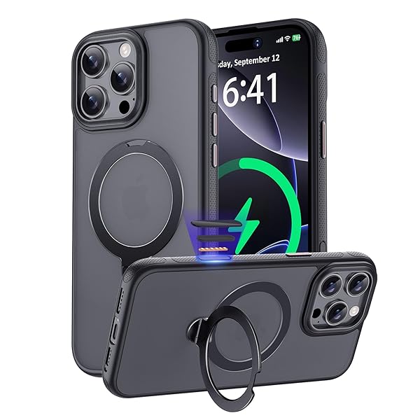 【カメラコントロールカバー ボタン保護・360度回転スタンド 】iPhone 16 Pro Max 用 ケース magsafe対応 ワイヤレス充電 磁気リング マグネット搭載 ホコリ防止 耐衝撃 耐久性 黄ばみ防 滑り止め 傷防止 アイフォン 16