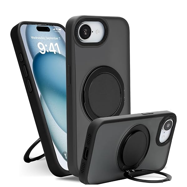 iPhone 16e ケース MagSafe対応【360°回転スタンド 縦横両対応】リングマグネット搭載 耐衝撃 半透明マット仕上げ レンズ保護 指紋防止 黄変防止 アイフォン16e カバー ワイヤレス充電対応 米軍MIL規格 スマホカバー マットブ