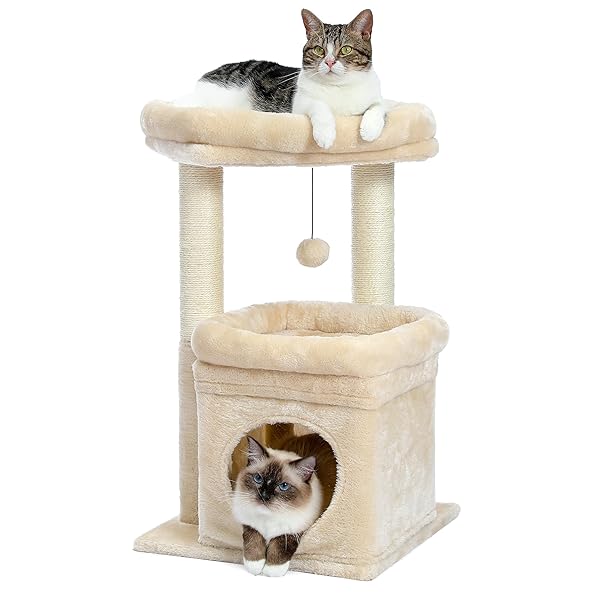 キャットタワー ミニ 猫タワー 小型 低い 小さめ 据え置き 人気 爪とぎポール 爪研ぎ 麻紐 猫のおもちゃ コンパクト 省スペース 頑丈 安全 猫ハウス 展望台 - 68cm ベージュ