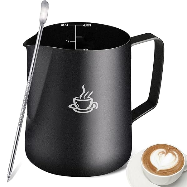 ミルクジャグ ミルクピッチャー 400ml/14oz 目盛り付き ステンレス製 コーヒーラテアート用 ミルク泡立..
