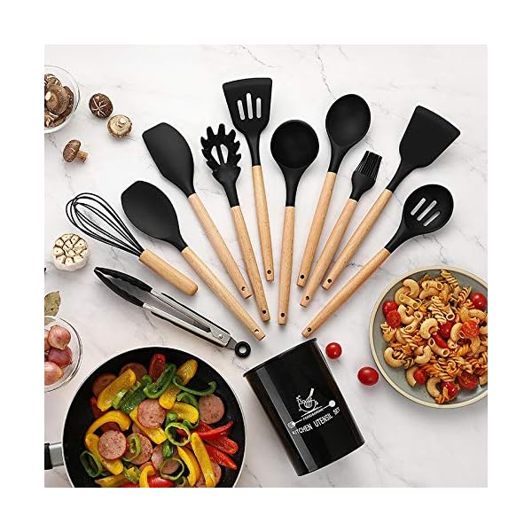 12点 簡易食品級シリコーンとブナ材の調理器具セット ステンレス製のフック 10 個付き (黒色)