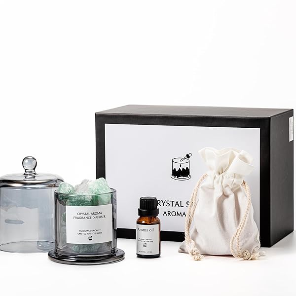アロマセット エッセンシャルオイル 天然石 ギフトパック エッセンシャルオイル 15ml + クリスタル 300g + 蓋付き半透明ガラスボトル アロマディフュ...