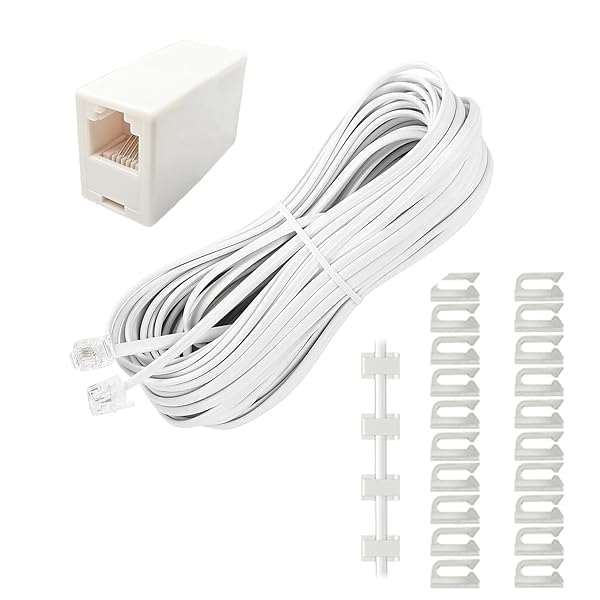 電話線 モジュラーケーブル 20m 6極4芯 RJ11 配線クリップ 35個 跡残らず 6P4C 電話延長コード オステ..