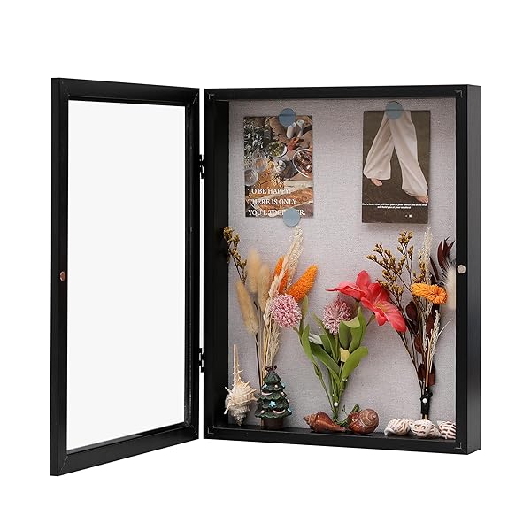 11x14 シャドーボックスフレーム リネンバック付き 木製ガラスディスプレイケース メダル、写真、記念品、賞品用 - ピン付き - ブラック