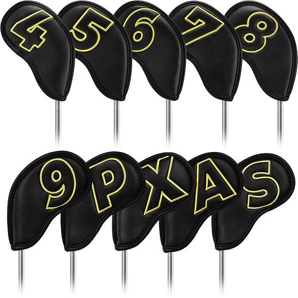 ゴルフアイアンカバー マグネット ウェッジカバー クラブヘッドカバー セット 10pcs(4-9,P,A,S,X) 両面金色番号 黒い合成皮革