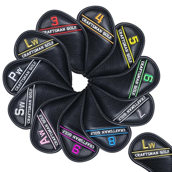 ゴルフアイアンカバー マグネット ウェッジカバー クラブヘッドカバー セット カラフル数字 12個入り(3〜9、Pw、Aw、Sw、Lw*2) ブラック合成皮革
