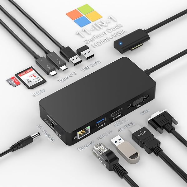 新しいマイクロソフトSurfaceドック 4K@60HZ HDMI+VGA+イーサネット+USB-C/USB-A+SD/TF 11 in 1 Surfaceドッキングステーション用60W電源付き Surface Pro 10/9/8/X/7/6/5/