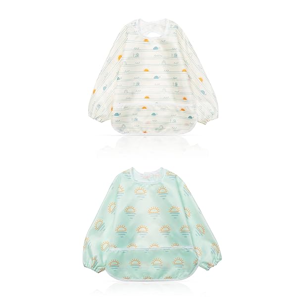 長袖エプロン お食事ベビーエプロン 食事用 防水 立体ポケット 軽量 速乾 子供用 ポケット付き 保育園用 幼稚園用6-36ヶ月(2枚セット) (長袖 亀と太陽)