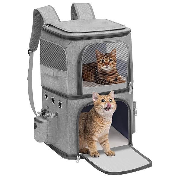 猫 2 匹 キャリー リュック 小型 犬 2段式 ペット ネコ の リュック ペットバッグ 大容量 通気性 旅行/通院/交通機関/災害避難用 グレー XL
