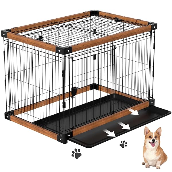 犬ケージ 犬サークル 中小型犬用 ペットサークル 屋根付き トレー付き ブラウン 幅96x奥行70x高さ70cm