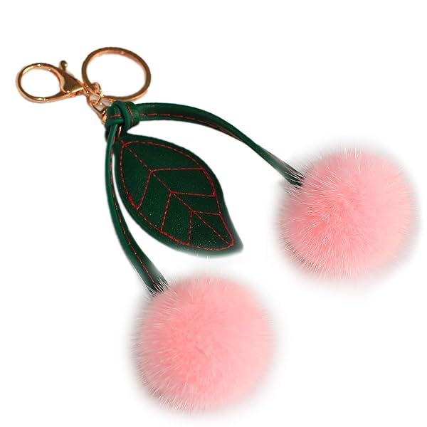 高級ミンクの毛皮のサクランボの形は緑の葉の鍵を持って手提げのアクセサリを掛けます : ピンク