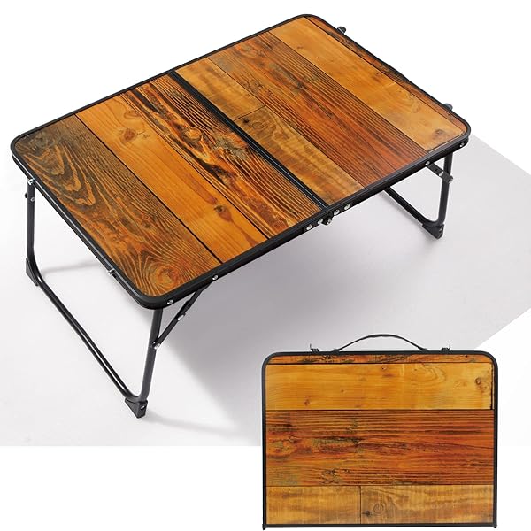 キャンプテーブル 折りたたみ テーブル アウトドア ピクニック ロータイプ 机 アルミ 軽量 コンパクト レジャー ソロ キャンプ お花見 バーベキュー 運動会 行楽 bbq おしゃれ 61×41cm (木目調(収納袋なし))