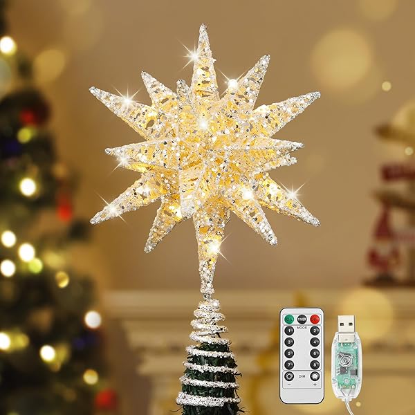 クリスマスツリートップスター ツリー星 オーナメント 装飾 USB給電 8つ点灯モード 6時間タイマー設定可 リモコン付き イルミネーションライト クリスマス/ハロウィン/バレンタインデー/記念日/パーティー プレゼント シルバー