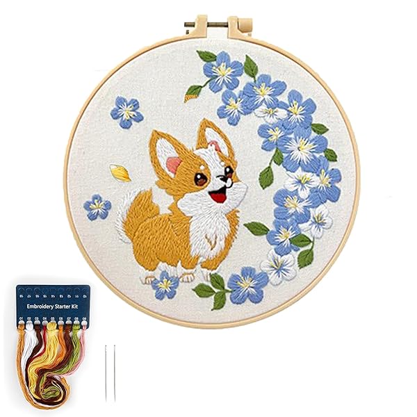 刺繍キット 犬 花 可愛い 刺繍糸 図案 刺繍枠 刺繍用布1枚 刺繍針2本 上級者も初心者楽しめる セット D..