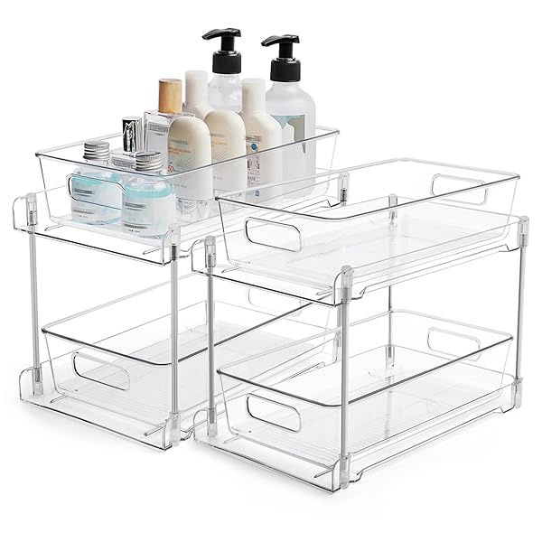 シンク下収納 ラック スライド式 キッチン収納ラック 洗面所 キッチン下収納収納ラック キッチン 引き出し 収納 棚 流し台 洗面台下 組立簡単 滑り止め 幅19×奥行き30×高さ25.4cm 透明 (2個)