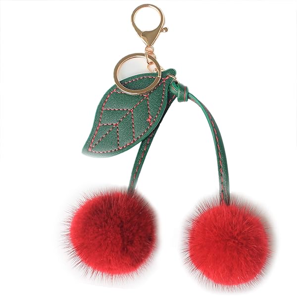 高級ミンクの毛皮のサクランボの形は緑の葉の鍵を持って手提げのアクセサリを掛けます