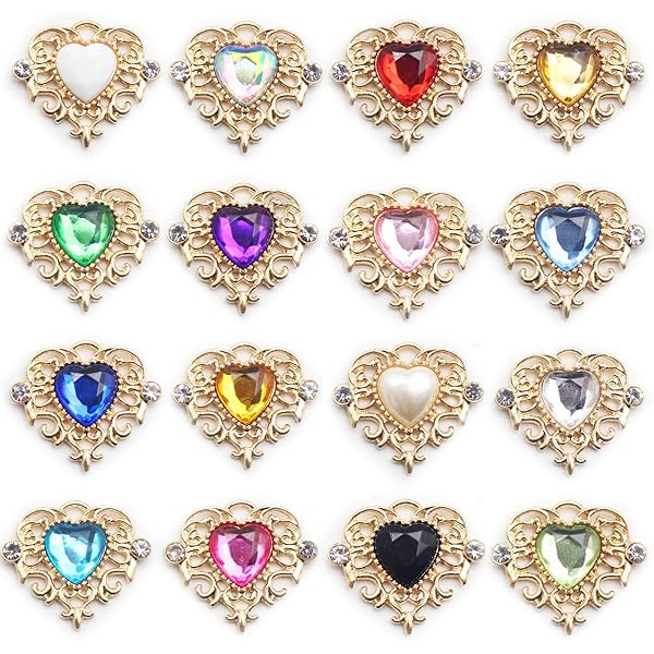 ビジューパーツ 台座つき 16個セット ビジュー ハート パーツ センターパーツ セット ストーン チャーム パーツ ジュエル デコ素材 ブローチ アクセサリーパーツ DIY製作キット ゴスロリ/ロリータ アクセント 貼り付け エレガント 豪華 ビジ
