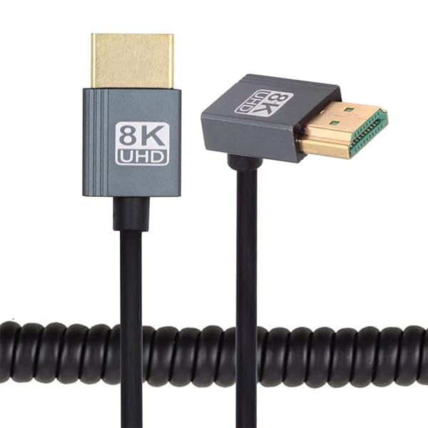 アップアングルHDMI 2.1オス→HDMIオスストレッチコイルケーブル 90度 8K 60hz 100cm モニターHDTVコ