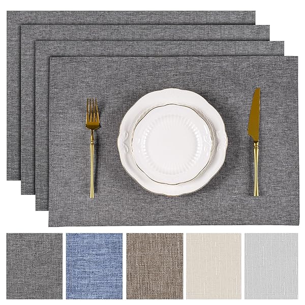 AooHome ランチョンマット 布 4pcs 撥水 綿痲マット 30x45cm 両面使用 無地 和風 断熱 滑り止め 丸洗い おしゃれ 給食 食事マット お手入れ簡単 家庭用 キッチン レストラン 4枚入れ ダークグレー