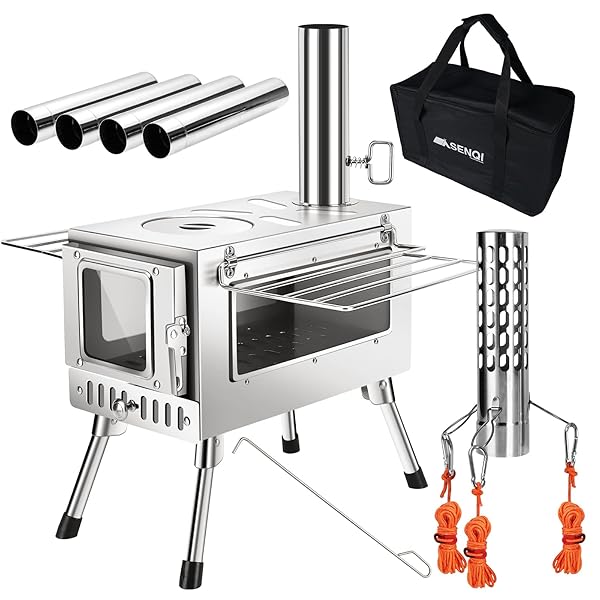 SENQI 薪ストーブ 折りたたみ キャンプ 3面の耐熱ガラス・煙突・スパークアレスター・グリッド棚付き コンパクト アウトドア ウッドストーブ テント用 焚き火台 BBQ 調理 暖炉 冬 収納袋付き