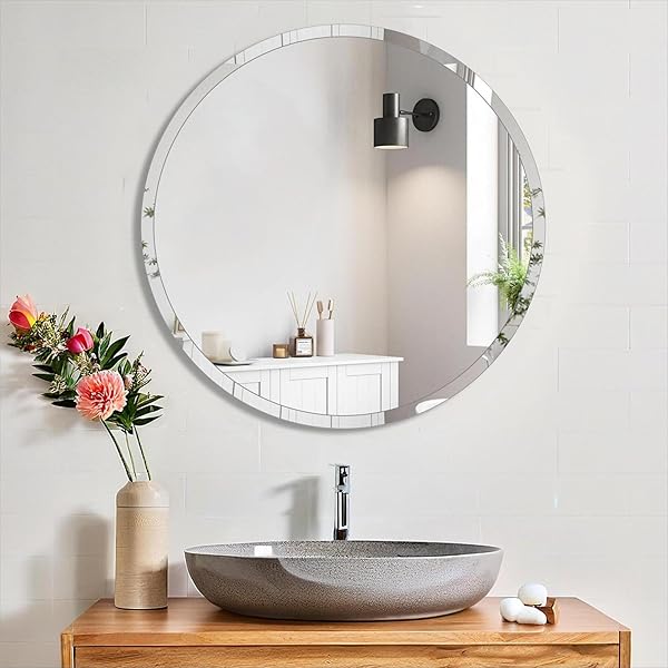 50cm鏡 壁掛け、ウォールミラー 丸、フレームレス丸型ミラー、 壁掛け鏡、浴室鏡、玄関ミラ